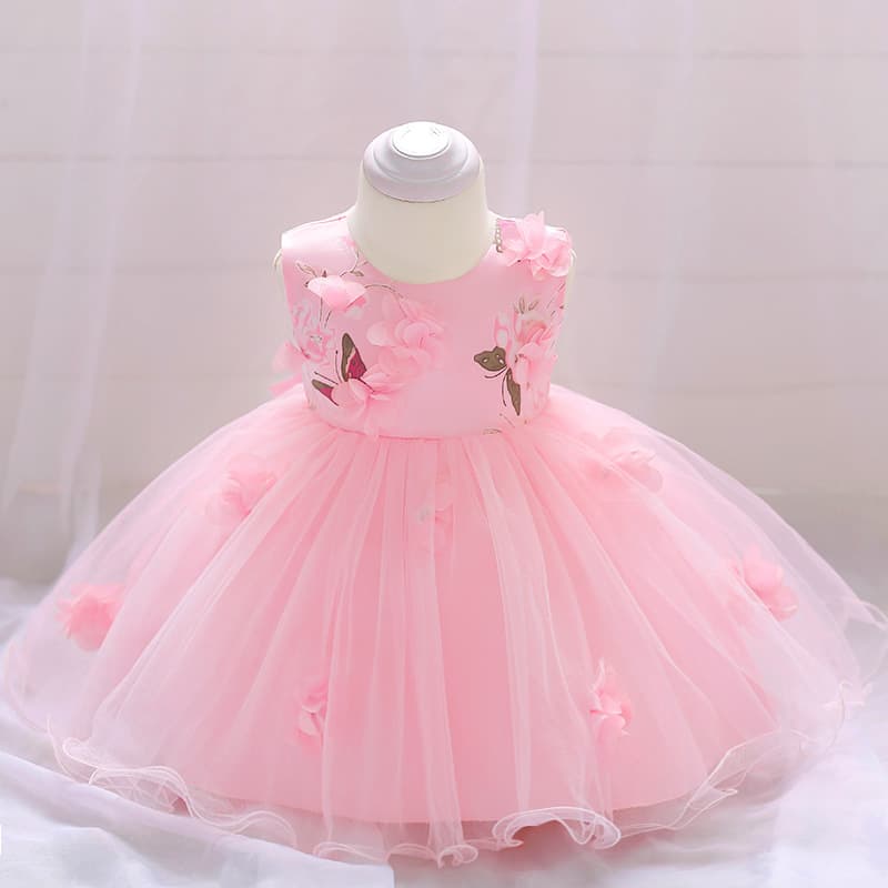 Princess Birthday Dress for Girls Puffy Tulle Butterfly Knot Printed Net Skirt Sweet Style One Year Old Baby Girl's Ceremony Dress