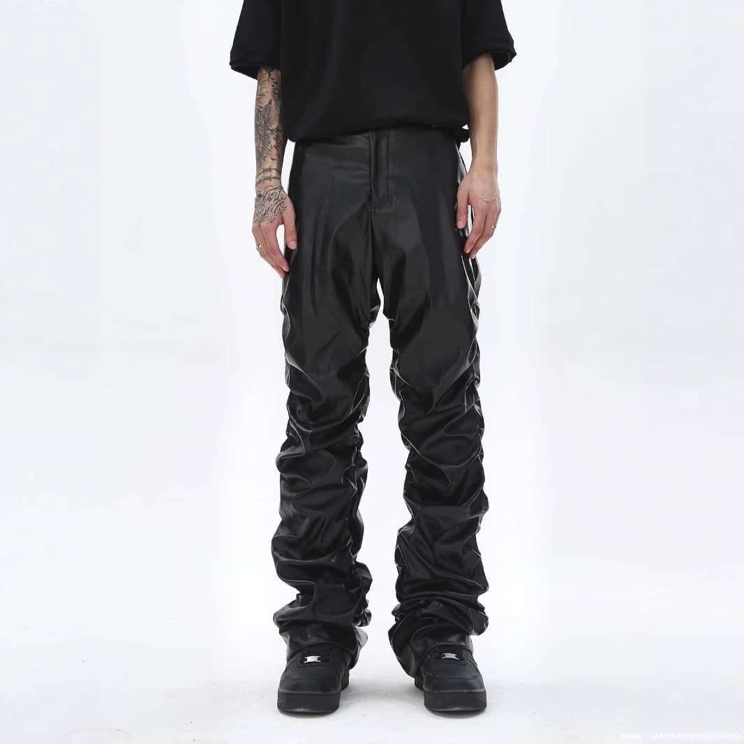 Dark Punk Niche Design Sense Glossy Wrinkle PU Leather Pants Men, Ins National Trend Hip-Hop Loose Casual Trousers