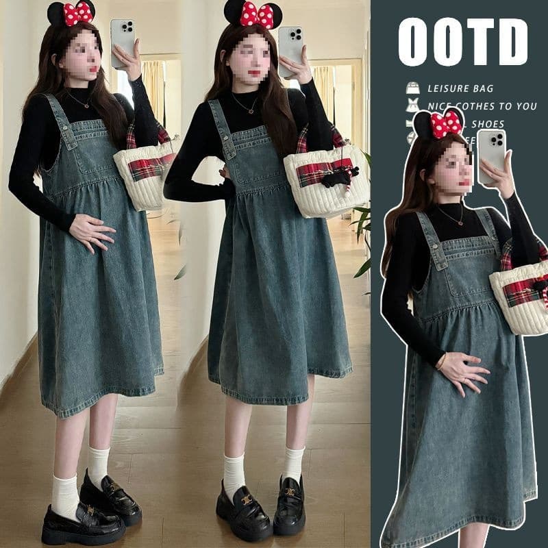 Plus-Size Maternity Wear Autumn and Winter Denim Strapless Suspenders Dress Two-Piece Set