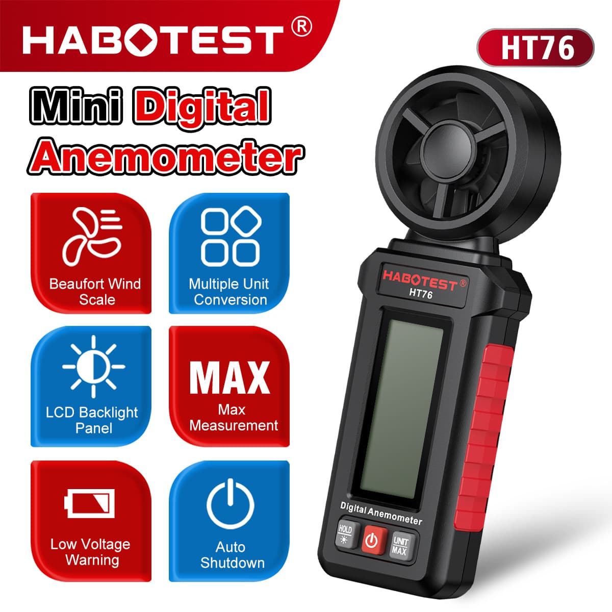 HABOTEST Factory Store HT76 Mini Anemometer Handheld Portable Wind Force & Speed Meter Air Volume Instrument