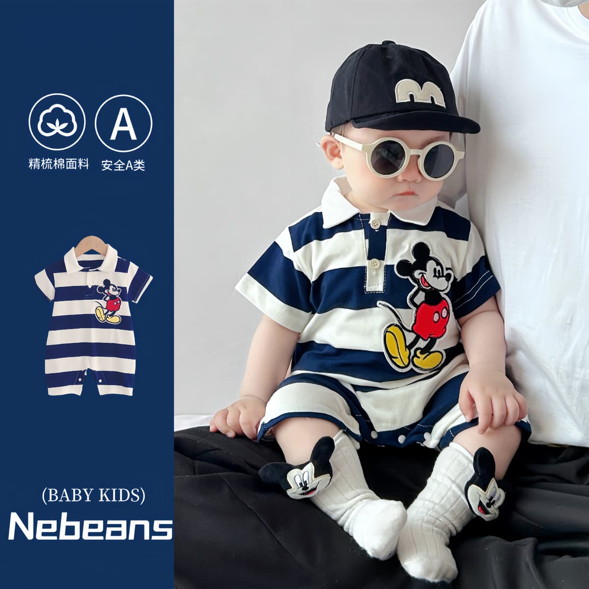 Trendy Infant Cotton Romper with POLO Collar, Baby Boy and Girl Bodysuit, Crawling Suit, Cartoon Baby Clothes
