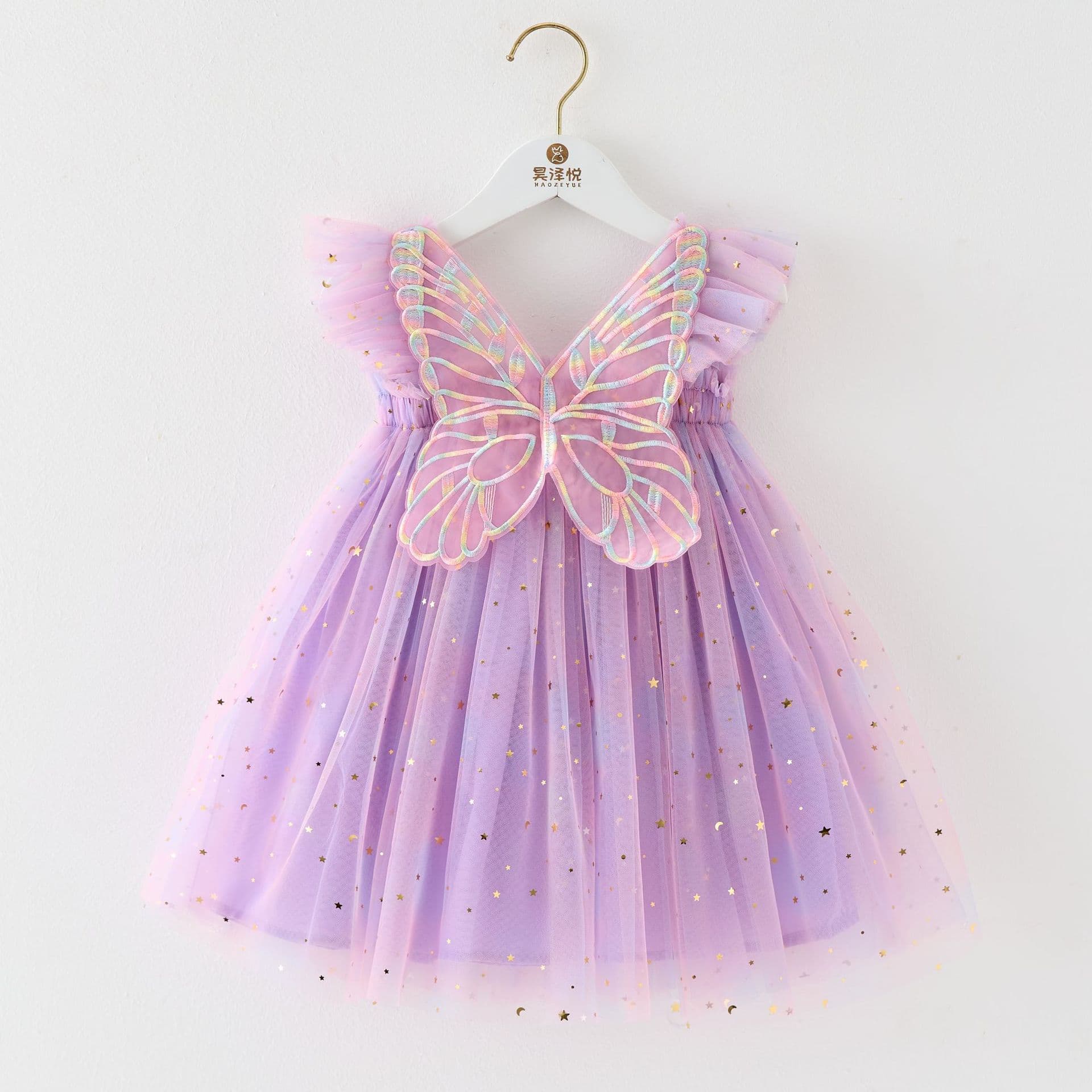 Kids Sequin Star Strapless Dress with Wing Flutter Sleeves Rainbow Tulle Tutu Princess Dress for Baby Photo Shoot