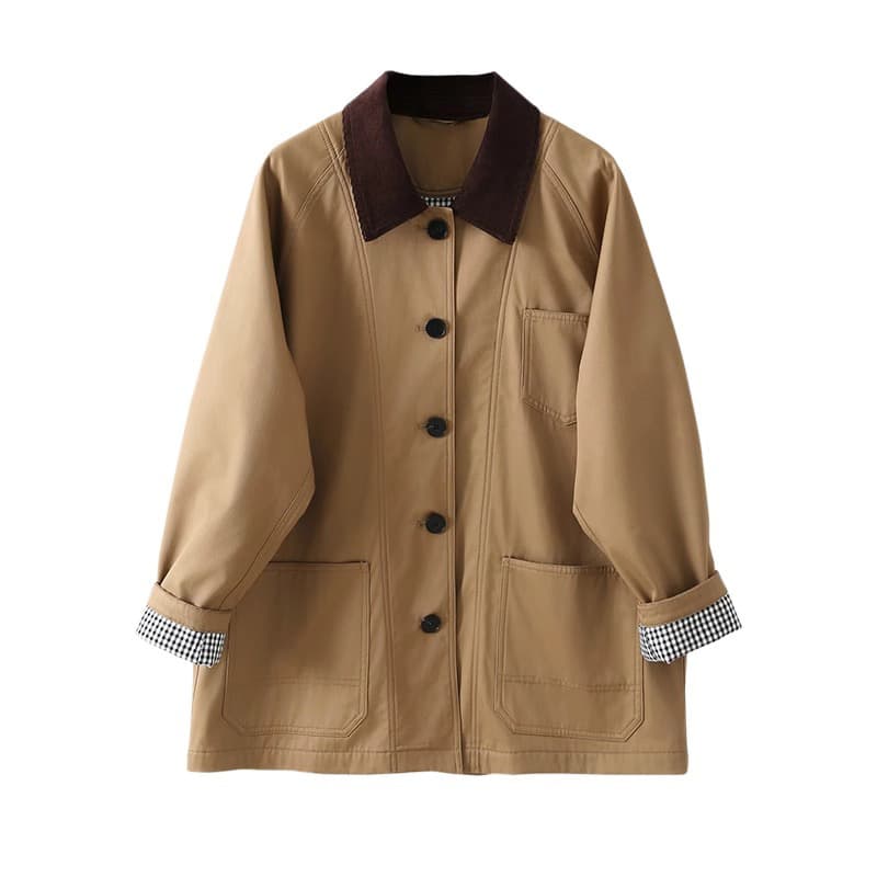 In Stock! Color-blocking catches the eye! Color-block corduroy collar, rolled-edge sleeves, loose mid-length trench coat