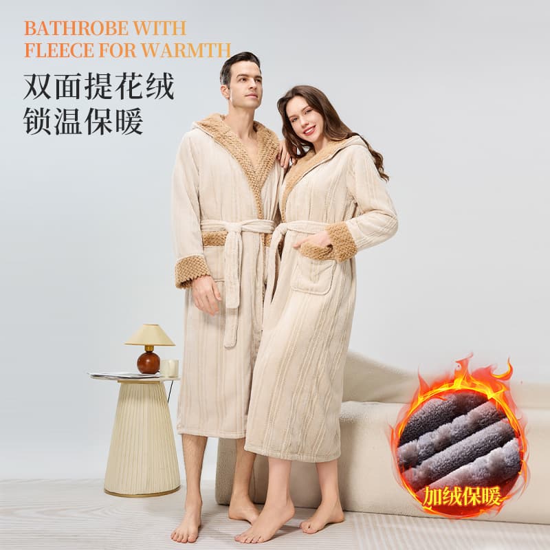 Ready-Made Couple Bathrobes Autumn and Winter Jacquard Velvet Robes Couple Nightgowns Extra Long Hooded Bathrobes Men and Women Bathrobes