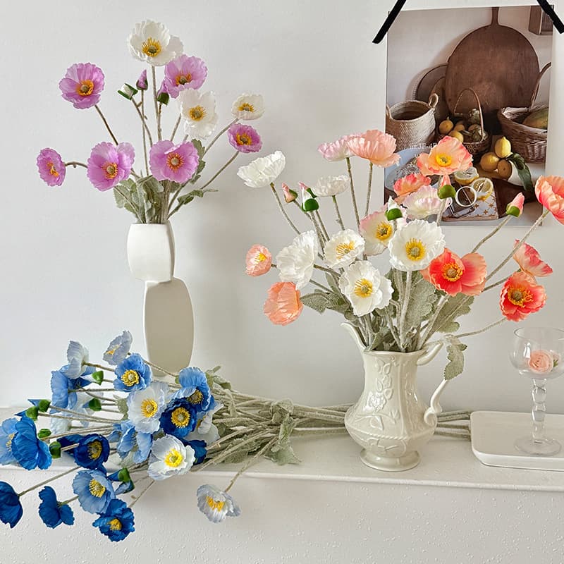 Iceland Poppy Artificial Flower Flocked Poppy Wedding Floral Arrangement Fake Flower Photography Prop Amazon Cross-Border Source