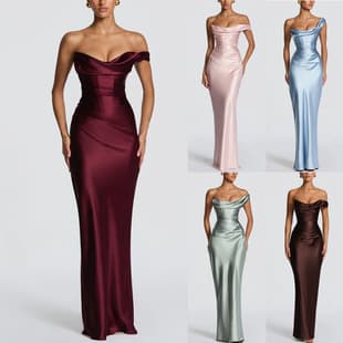 2026 Cross-Border New European and American Women's One-Shoulder Satin Bodycon Dress INS Party Vacation Women's Dress