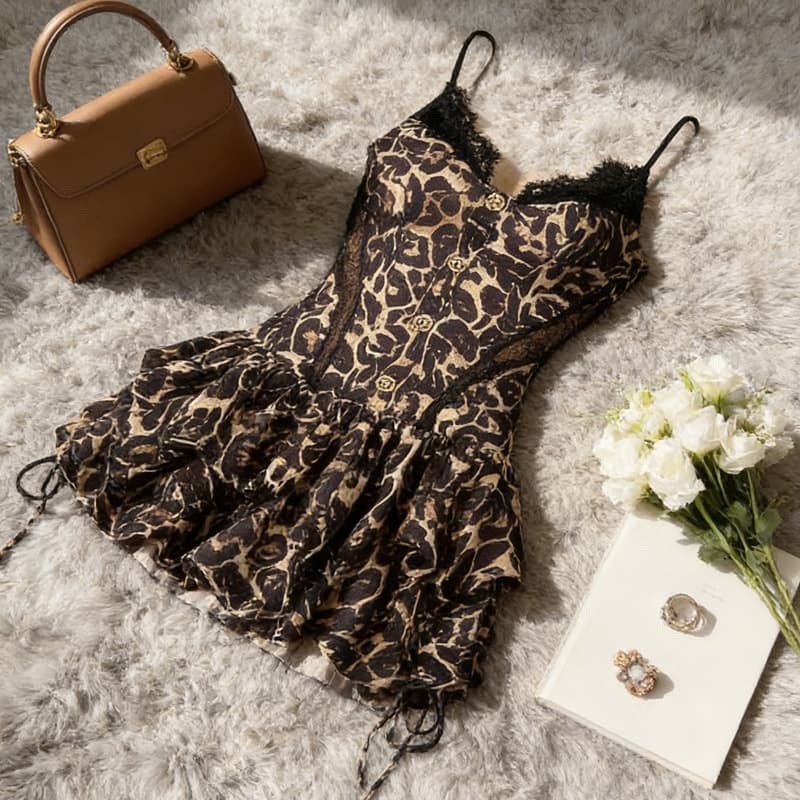 Sexy Leopard Print V-Neck Camisole Dress for Women with Lace Trim High-Waist Puffy Short Skirt 2026 New Summer