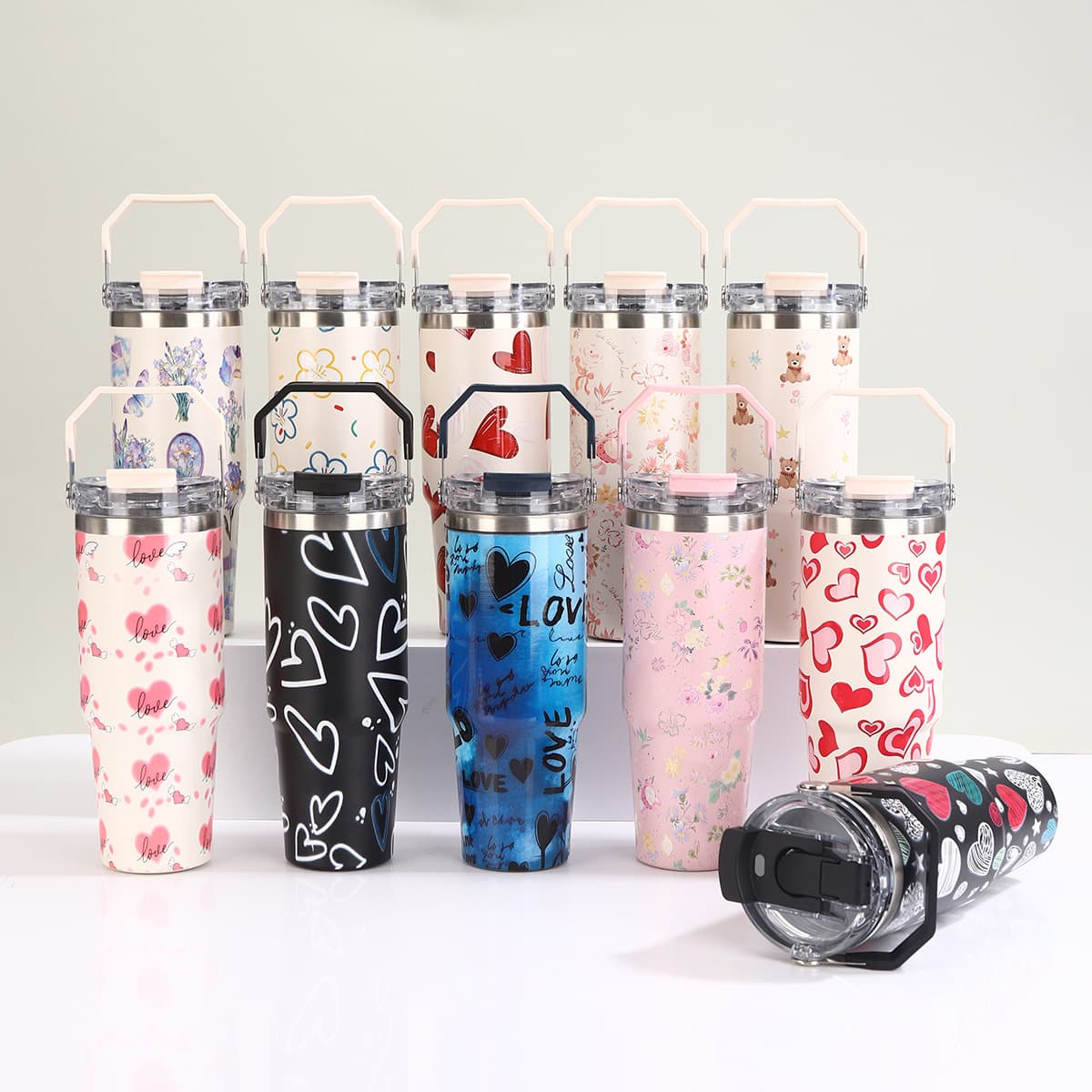 New 3D Printed Portable Ice Tumbler Cup Fashion Stainless Steel Dual-Drink Insulated Cup Outdoor Portable Straw Car Cup