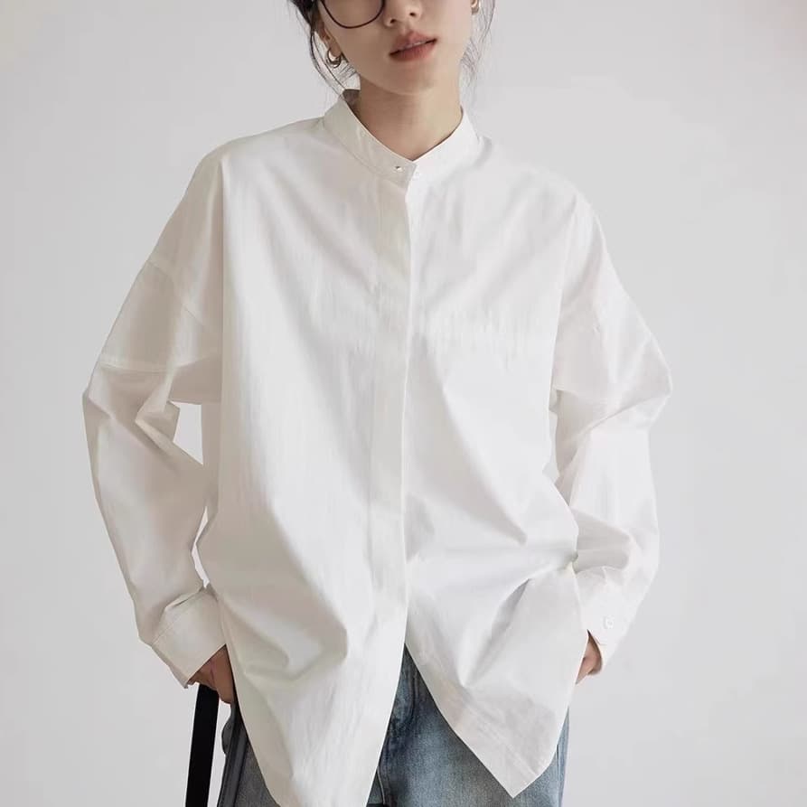 Women's White Shirt Early Autumn Stand Collar Commute Basic Long Sleeve Blouse 2025 New Casual Versatile Loose Top