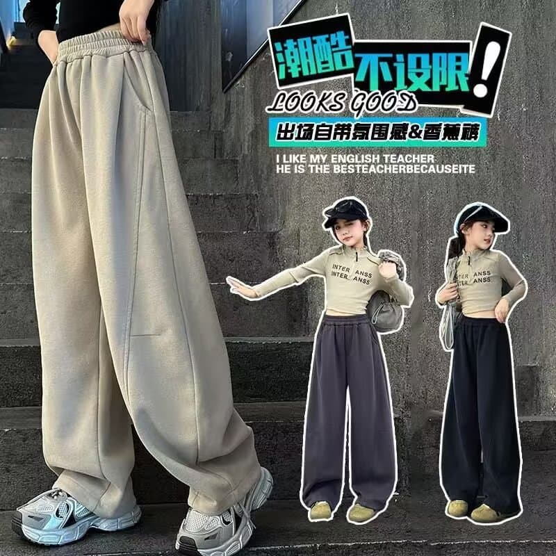 Girls' Pants Spring Autumn Mid-Large Kids Korean Style Curved Knife Sweatpants Children's Banana Pants Loose Sports Pants Trendy
