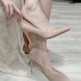Nude Sexy Dress Patent Leather High Heels for Women Elegant Thin Heel French Girl Pointed Toe Professional Shoes