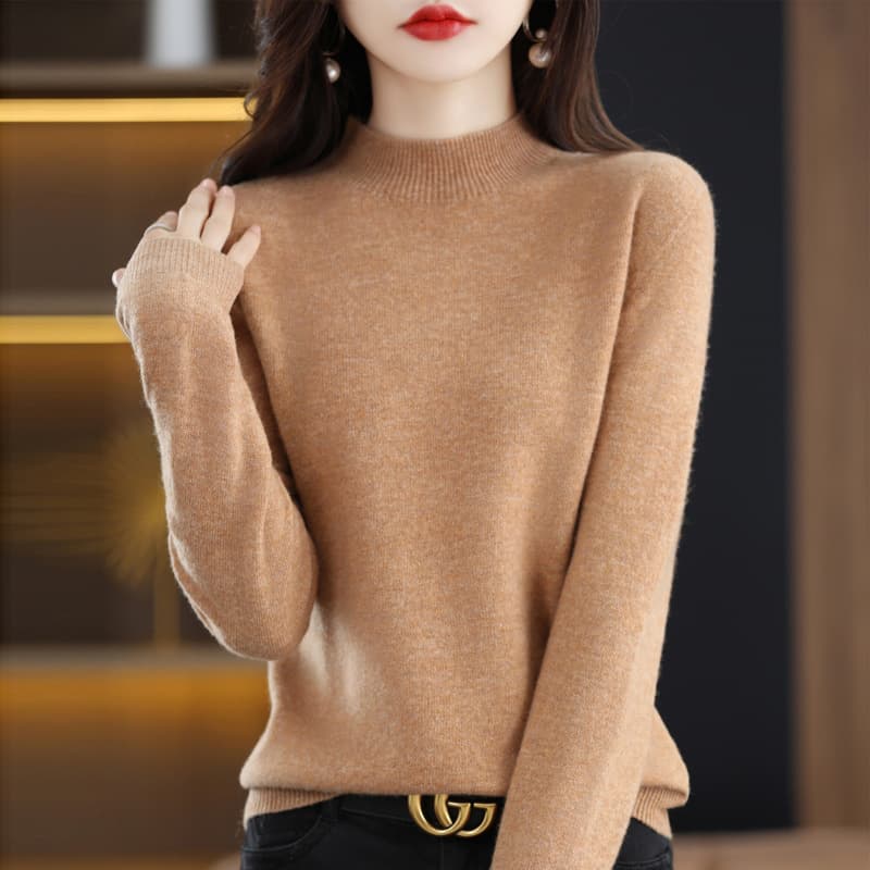 Skin-friendly 100% wool one-piece seamless new short-style women's semi-high neck loose base layer knit sweater for autumn/winter