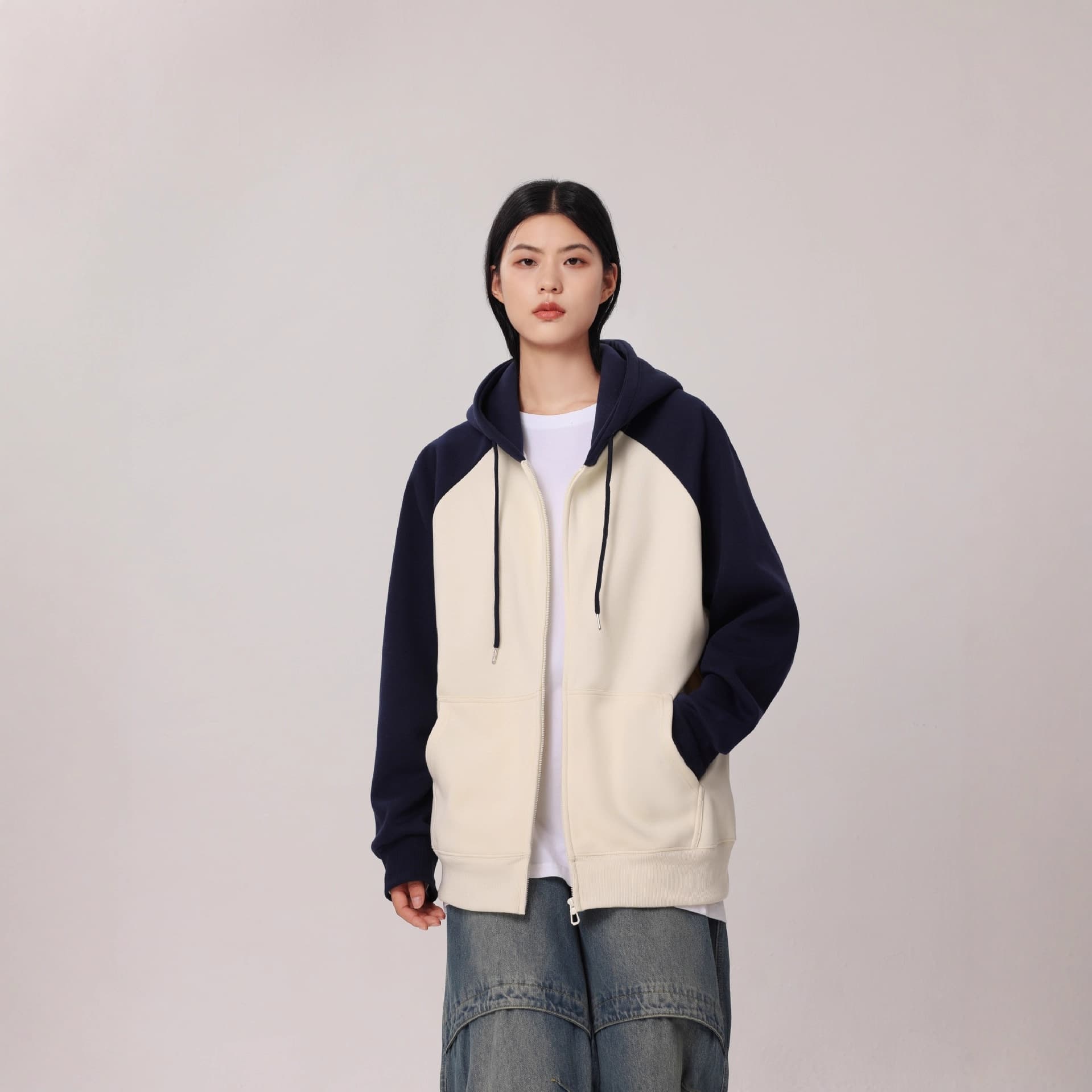 Autumn and winter heavy velvet hooded color-blocked zipper sweatshirt work clothes cardigan loose contrasting color warm sweatshirt jacket