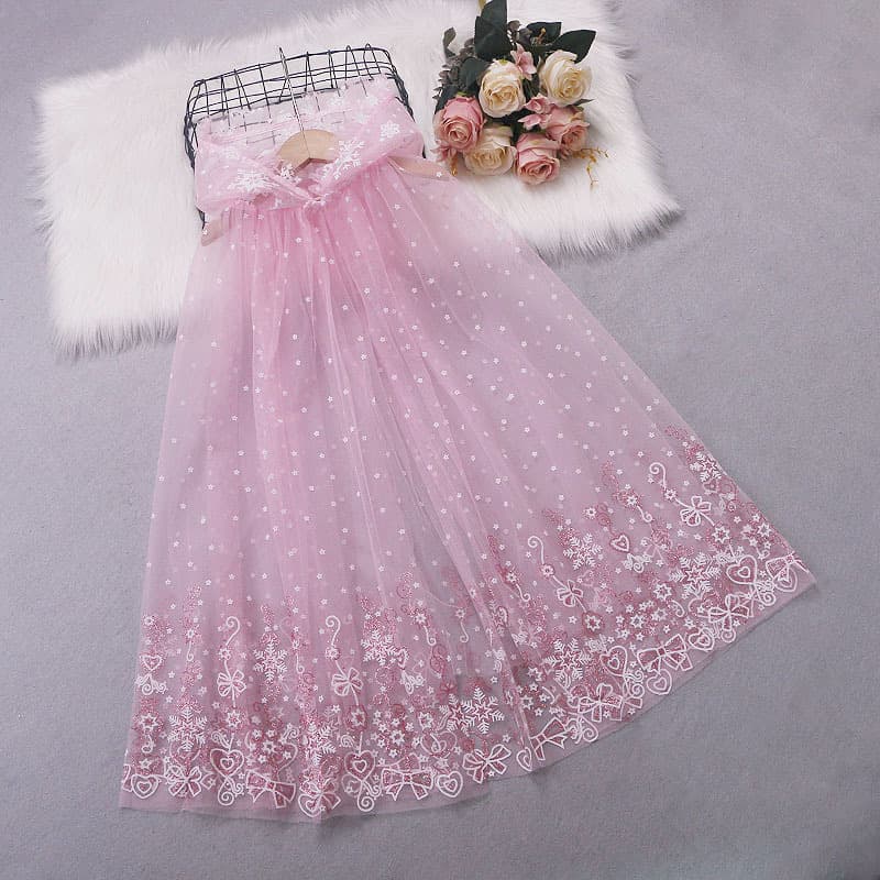 Girls' Pink Mesh Cape Frozen Kids Cloak Princess Dress Outerwear Birthday Party Gown Accessories