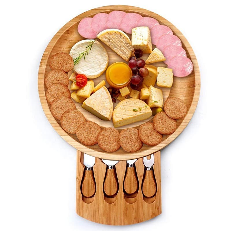 Bamboo Cheese Board Set with Drawers Modern Simple Style Kitchen Tools Cheese Cutter Board Non-Slip Surface for Cutting Cheese
