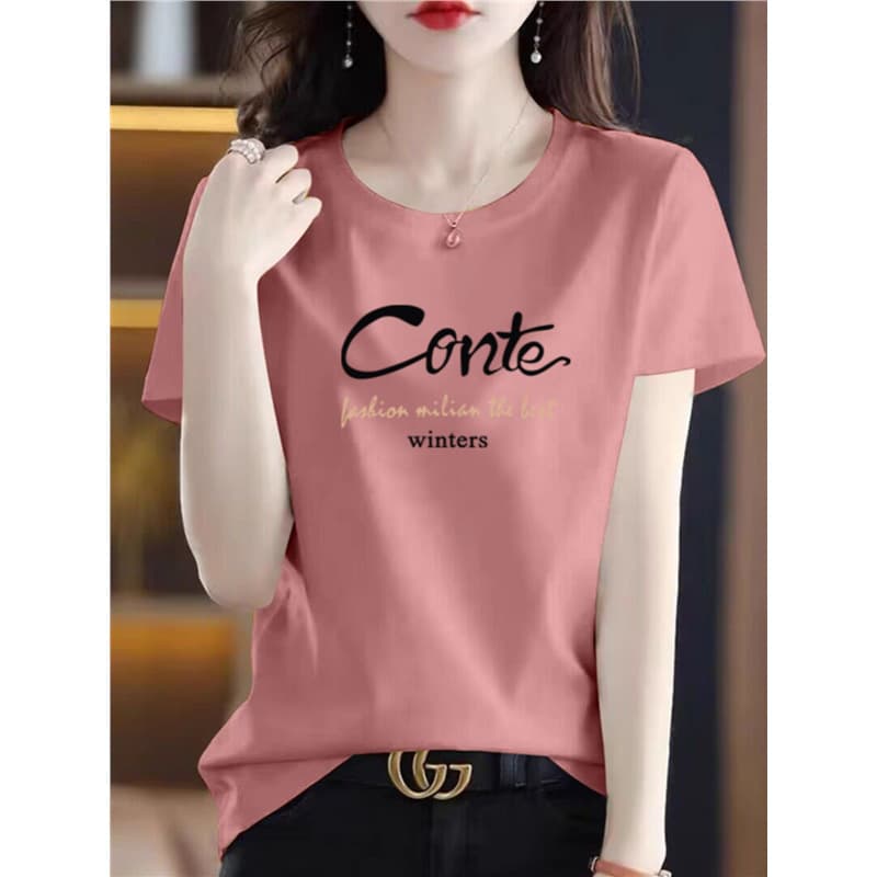 Foreign Trade Women's Clothing Discount Store Pink New Summer Top Short Sleeve New Age-Reducing Printed Casual T-Shirt Half Sleeve Trendy