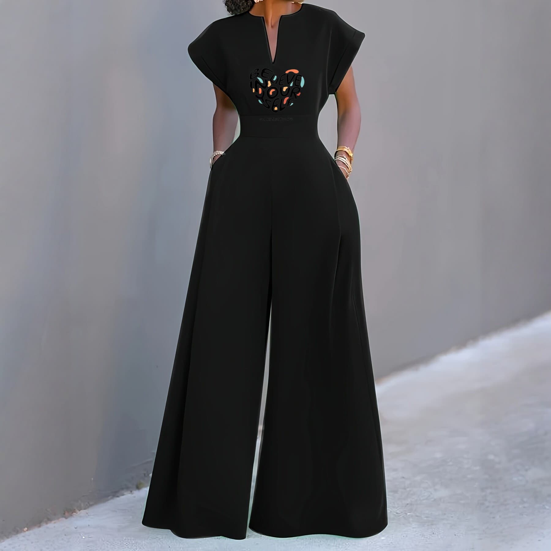 2025 European and American cross-border fashion high-waisted V-neck wide-leg jumpsuits, feminine commuting slimming long solid color trousers