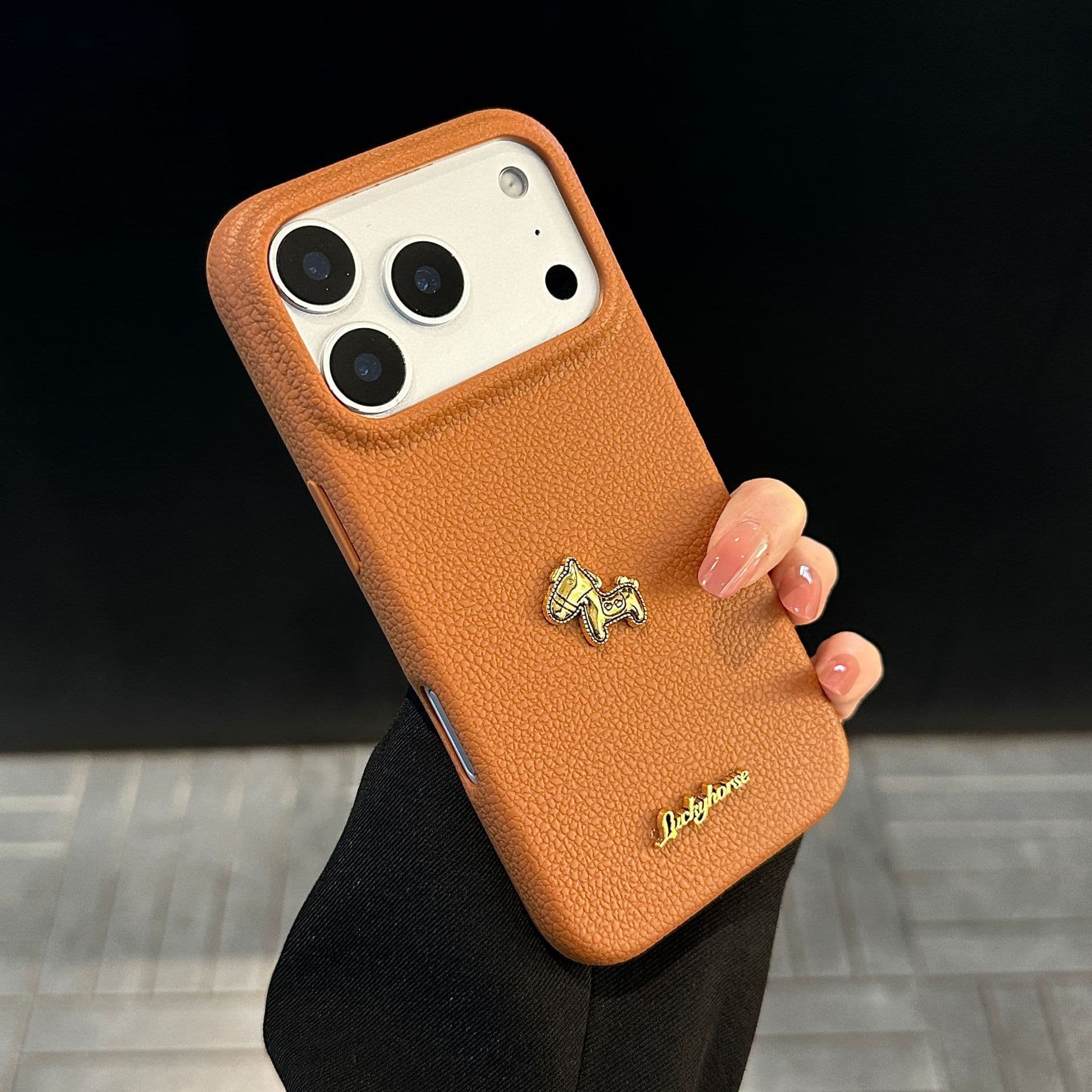 Lychee Leather Texture Phone Case for iPhone 17 Pro Max, Compatible with New Apple 16 Model, 15 Three-Dimensional Gold Horse, 14 Anti-Drop, 13