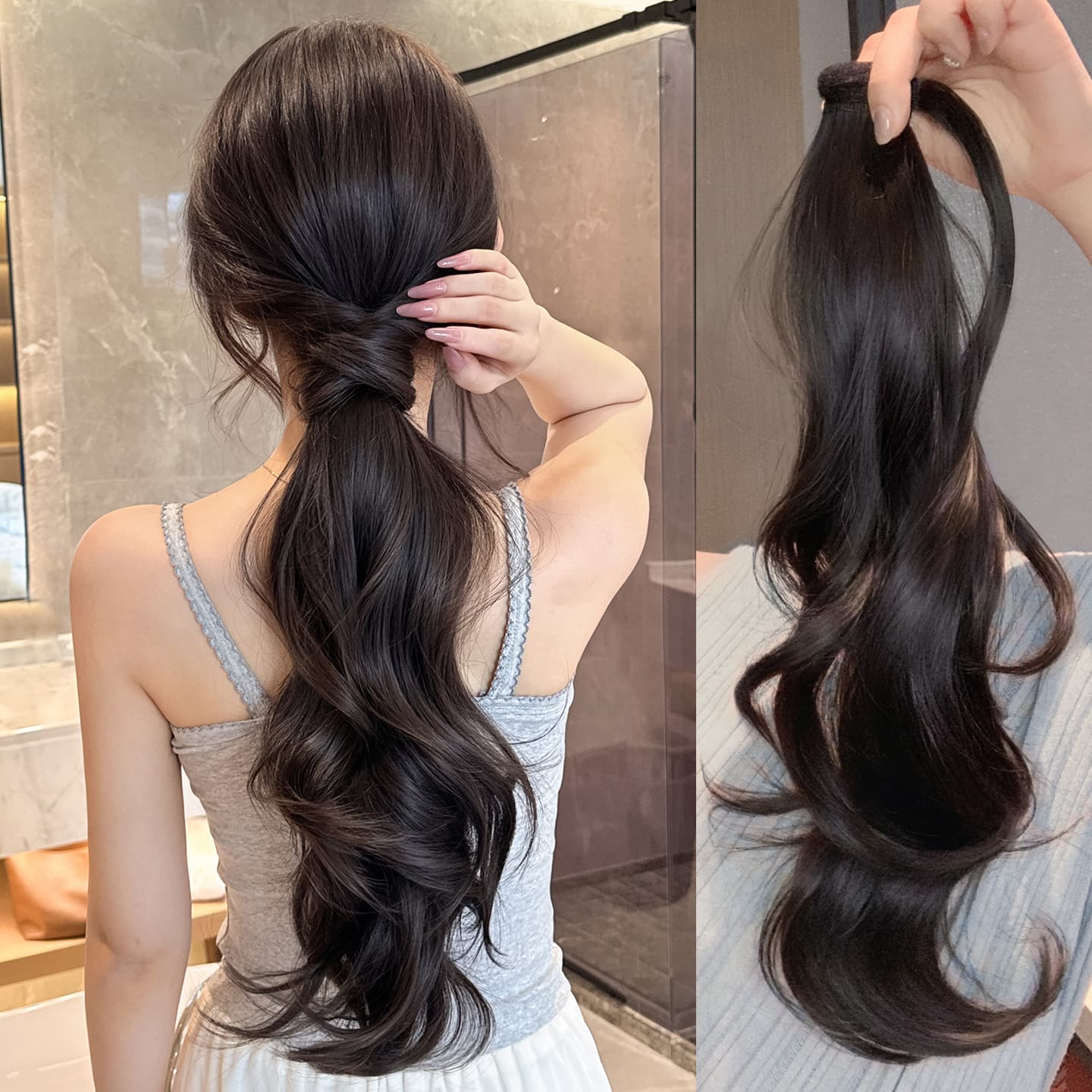Seamless Magic Tape Self-Wrap Fluffy Hair Extension Ponytail for Women, Big Wave Curly Long Braid