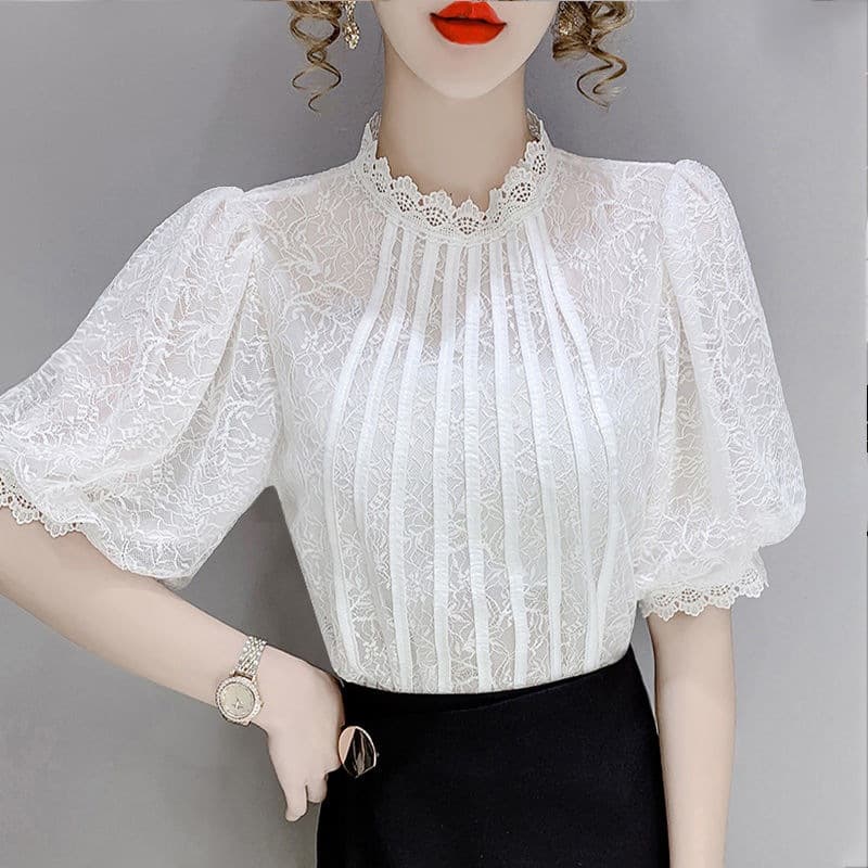 Lace Short Sleeve Top Summer Women's 2025 New White Puff Sleeve Thin Short Sleeve T-Shirt Unique Shirt
