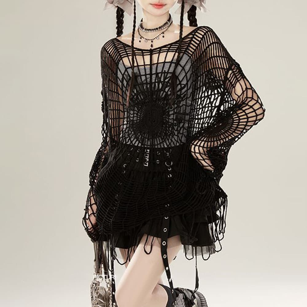 Trending Cross-Border American Style Hollow-Out Black Spider Web Sweater Women Y2K Sweet Spicy Cool Dark Style Cover