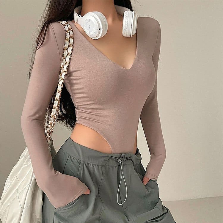 Women's Long Sleeve Bodysuit T-Shirt Fall Winter New Style European and American V-Neck Tight Fitting Sexy Base Layer Top