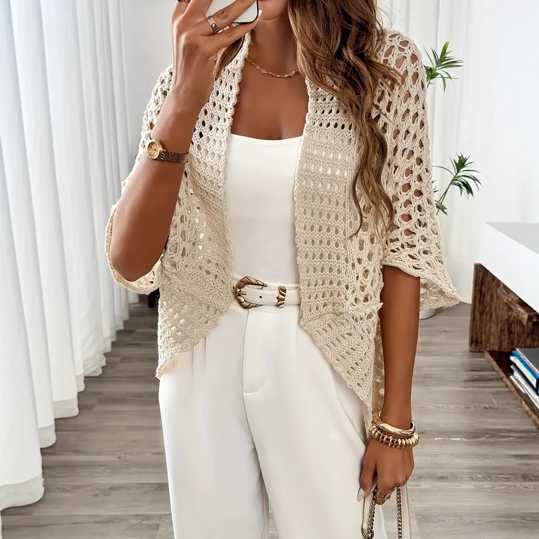 Cross-border Trade 2026 Amazon Five-Sleeve Sexy Vacation Hollow Out Beach Cover-up Knitted Sweater Women's Clothing
