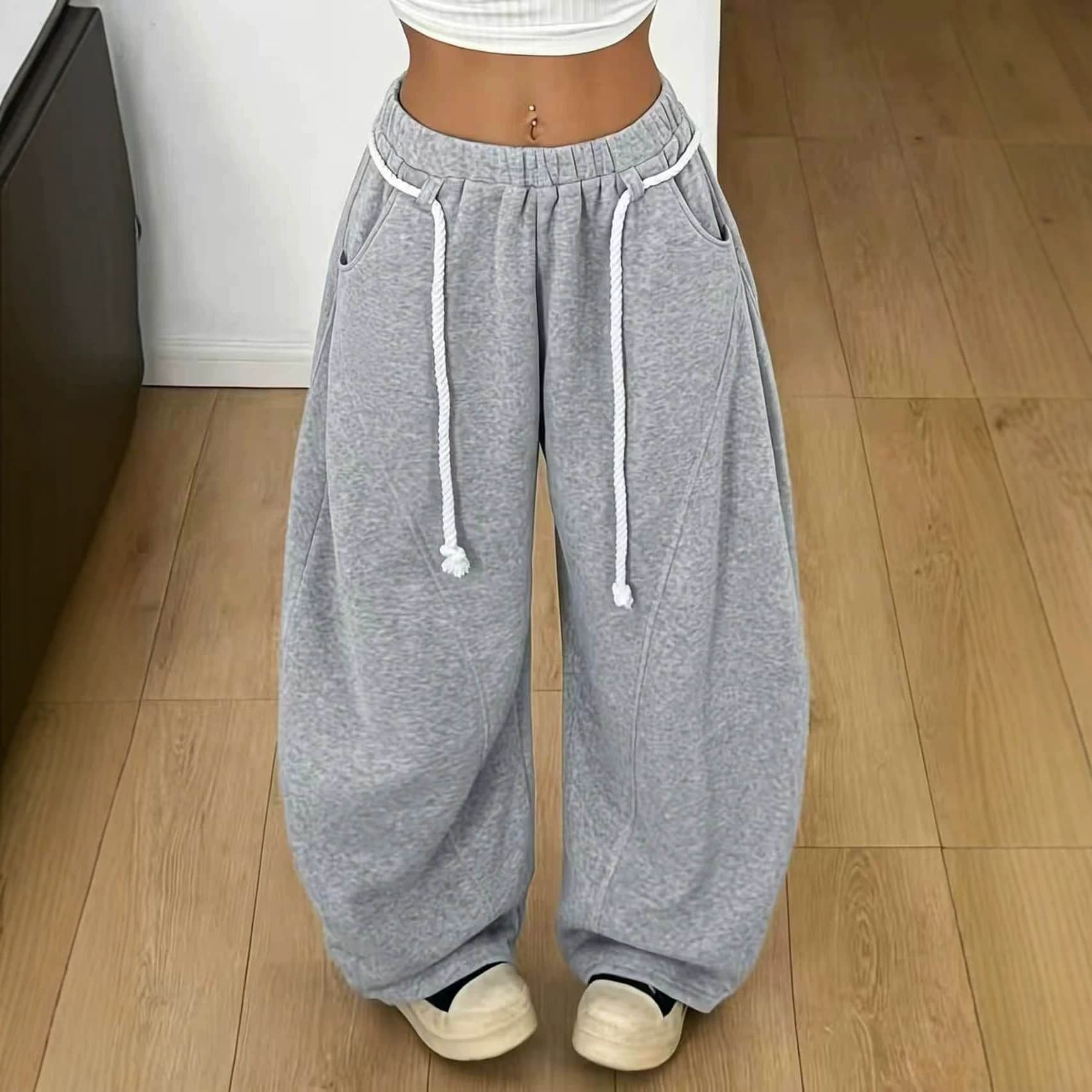 US/EU Cross-Border Lazy Style Gray Wide-Leg Curved Knife Pants Elastic Waist Slimming Casual Sweatpants