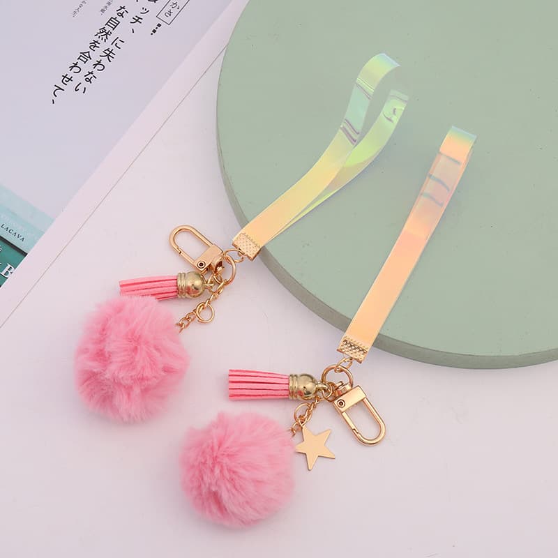 Pink Fluffy Star Keychain with Colorful Leather Strap and Pom-pom for Phone Case Accessories