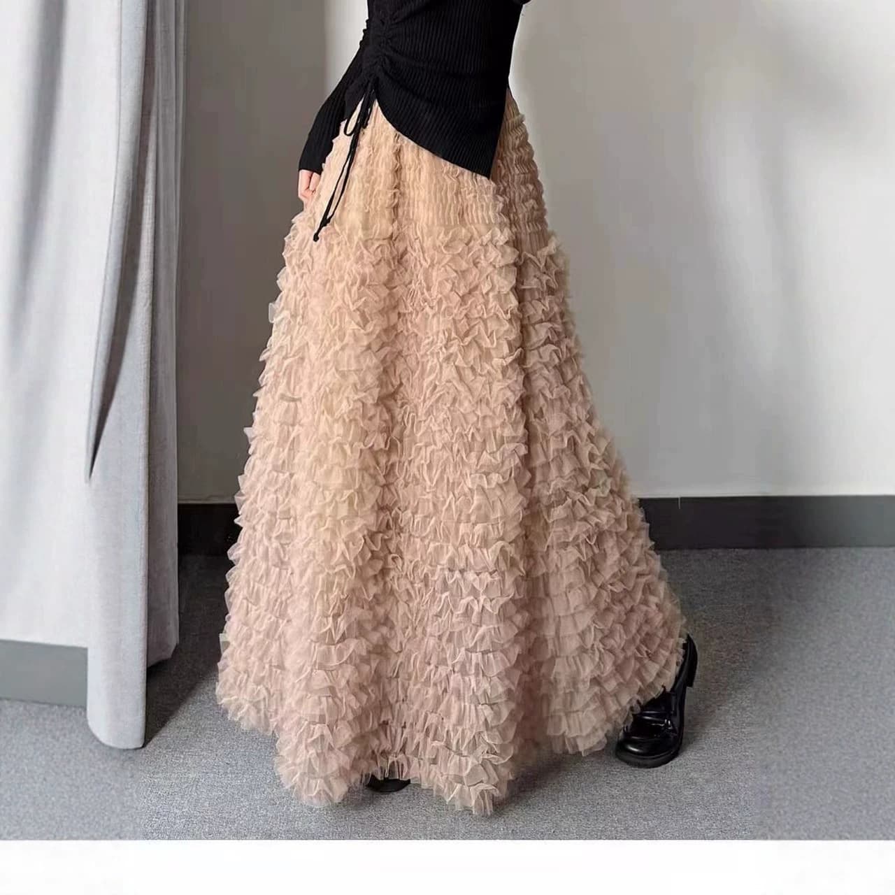 Designed multi-layer cake skirt women's long heavy-duty mesh puffy skirt high-waisted long A-swing age-reducing long skirt