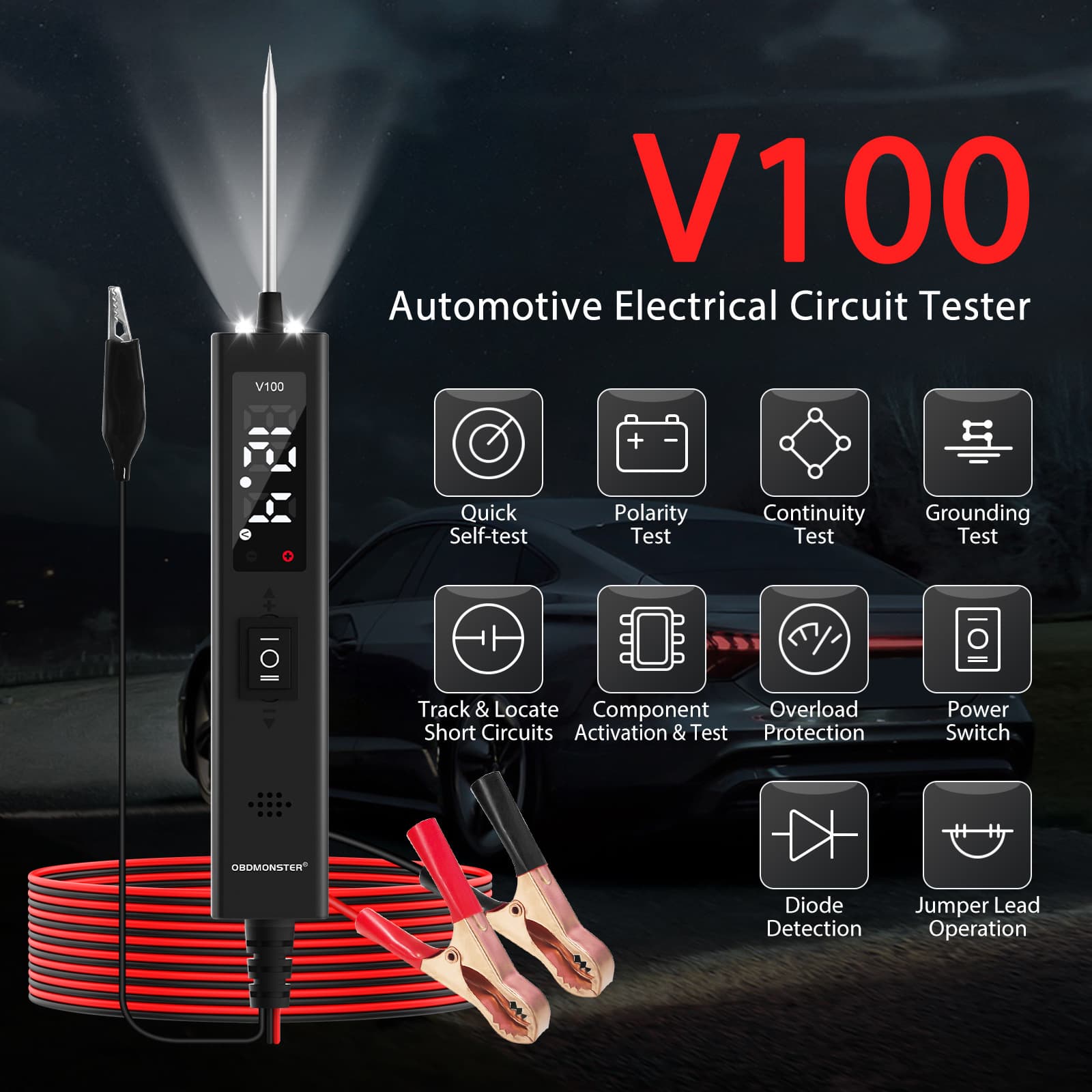 New cross-border V100 automotive circuit tester, intelligent circuit analysis and diagnostic instrument, battery diagnostic tool with screen.