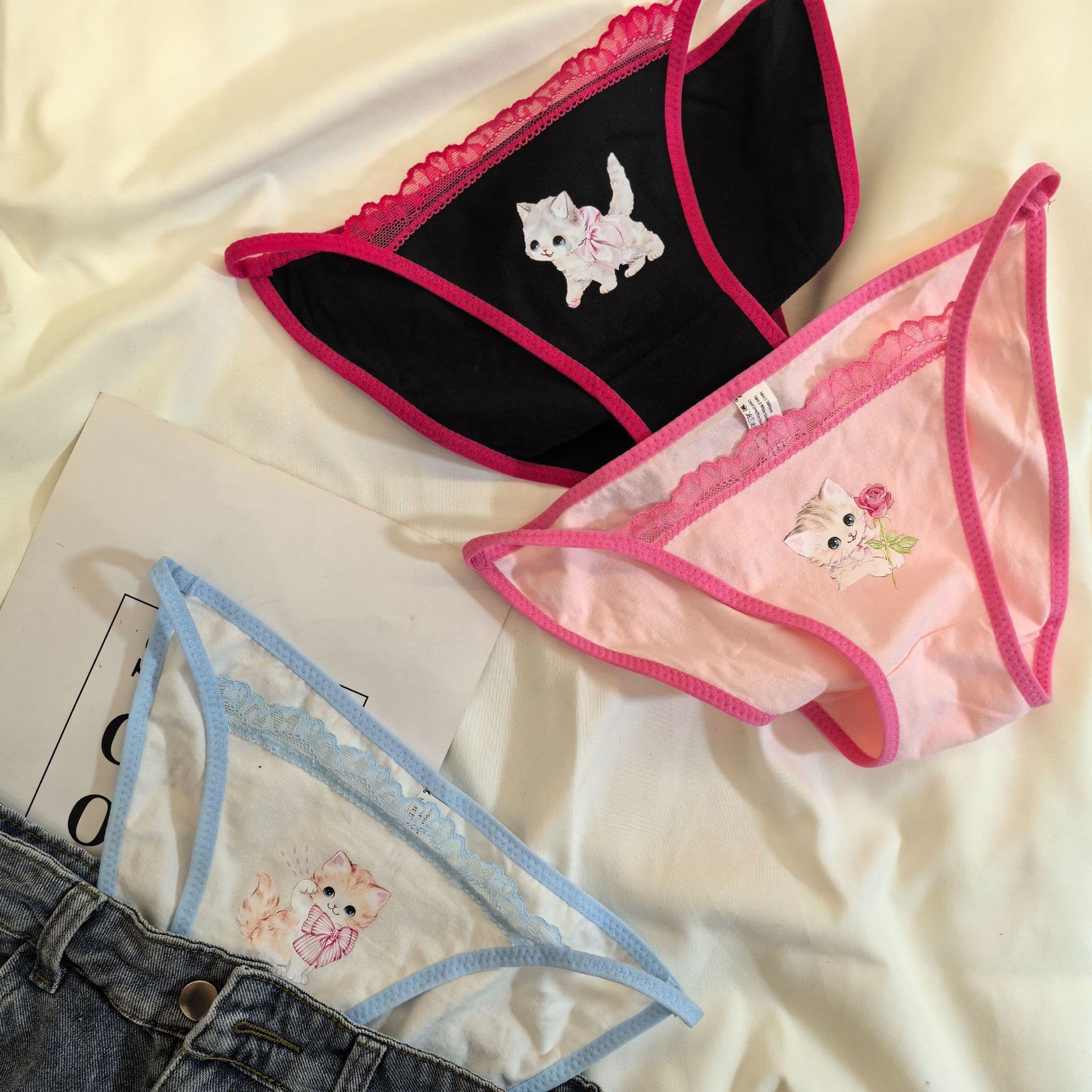 Retro Japanese Sweet Cool Little Cat Panties for Women Y2K Lace Cat Panties Cotton Crotch