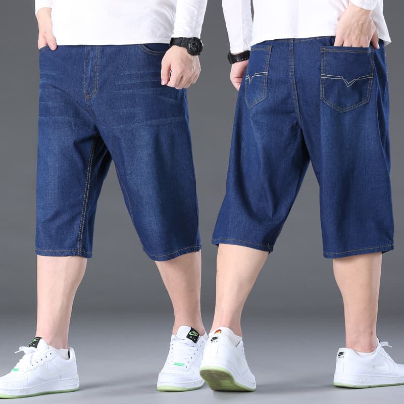 Summer plus size jeans shorts five-quarter pants men's straight loose fat fat goth large size jeans mid-pants jodhpurs