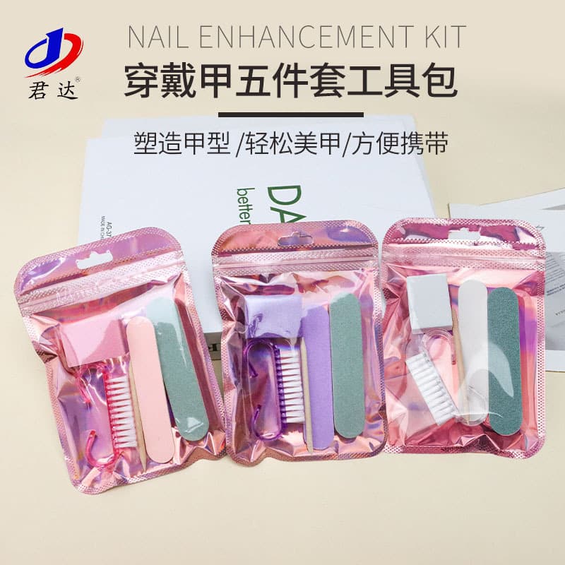 Nail art tool kit (5 pieces): wood cuticle file, polishing strip, wooden skewer, horn brush, sponge block.