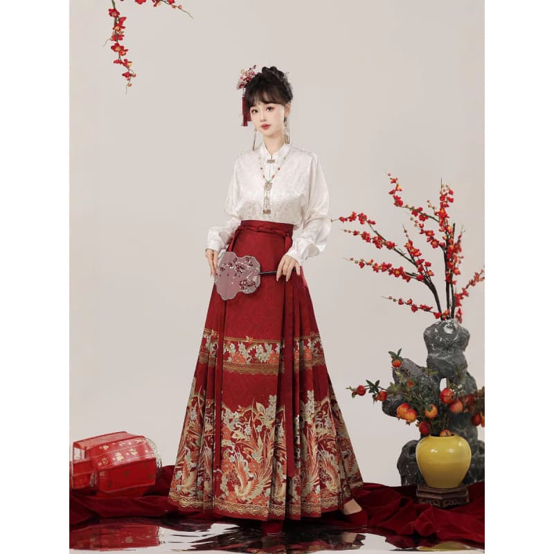 【Phoenix Feather】Imitation Zhuanghua Brocade with Gold-Woven Horse-Face Skirt + Black and White Jacquard Shirt with Subtle Patterns