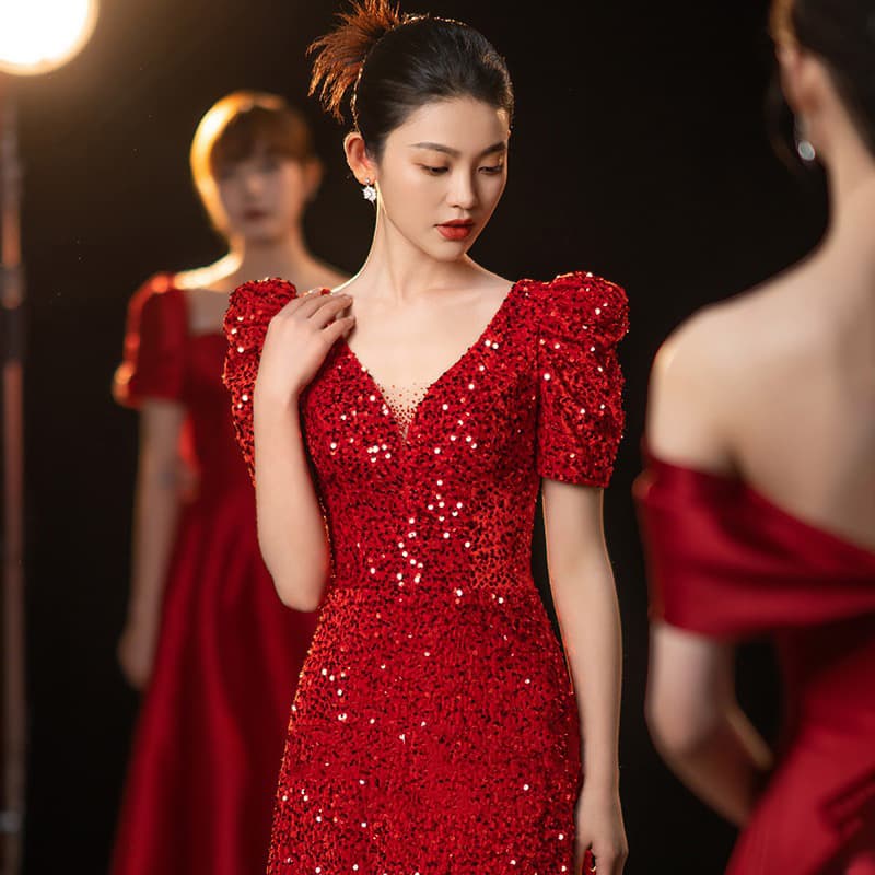 (Clearance) New Red Sequin Wedding Evening Dress Banquet Hostess Gown
