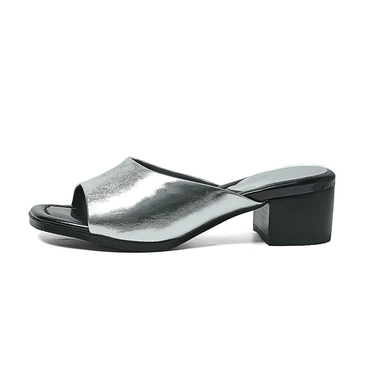 European and American style silver horse oil cowhide thick heel slippers ~ square toe, medium heel, one-piece slippers for outer wear fish mouth slippers