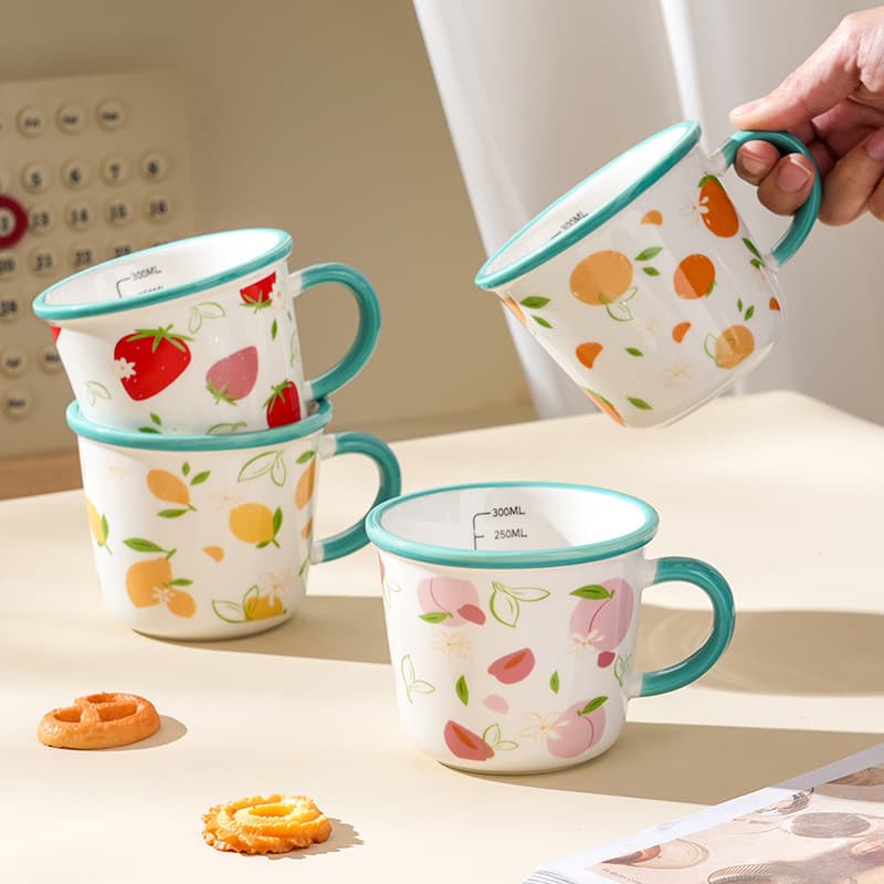 Full-print Fruit Measuring Mug with Scale, Handle Tea Cup, Coffee Juice Cup, Breakfast Cup, Oatmeal Cup, Ceramic Mug