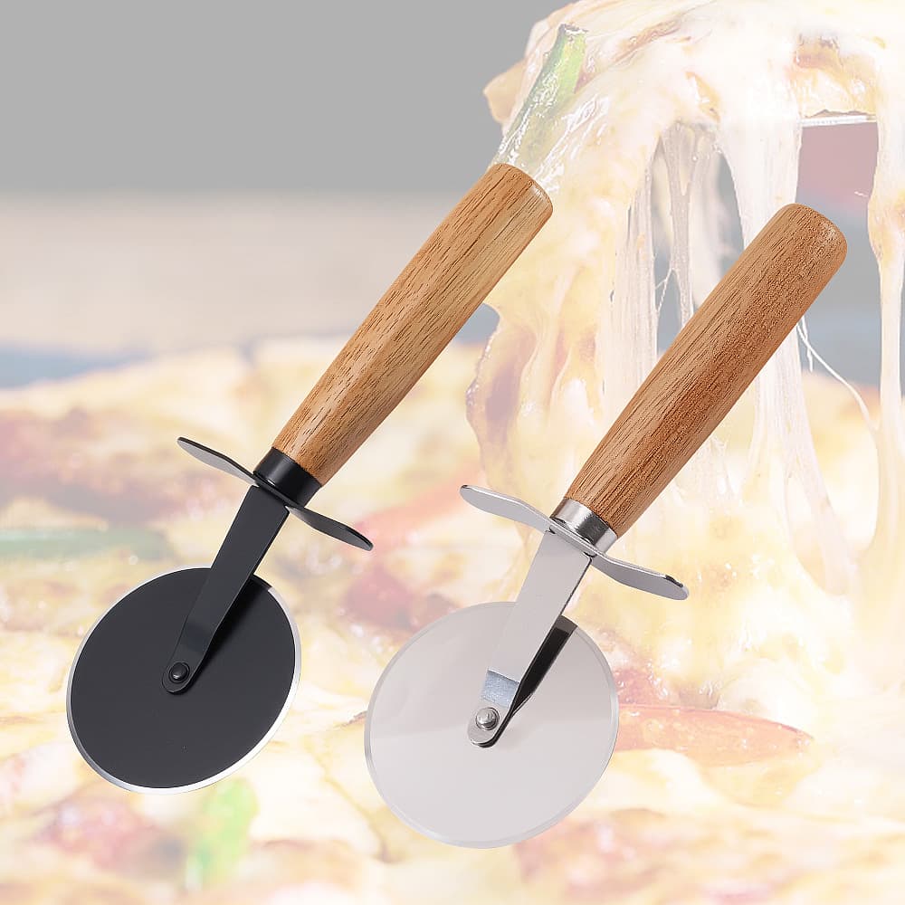 Stainless Steel Pizza Cutter Wooden Handle Pizza Rolling Cutter Kitchen Divider Bread Pastry Cutter Baking Tool