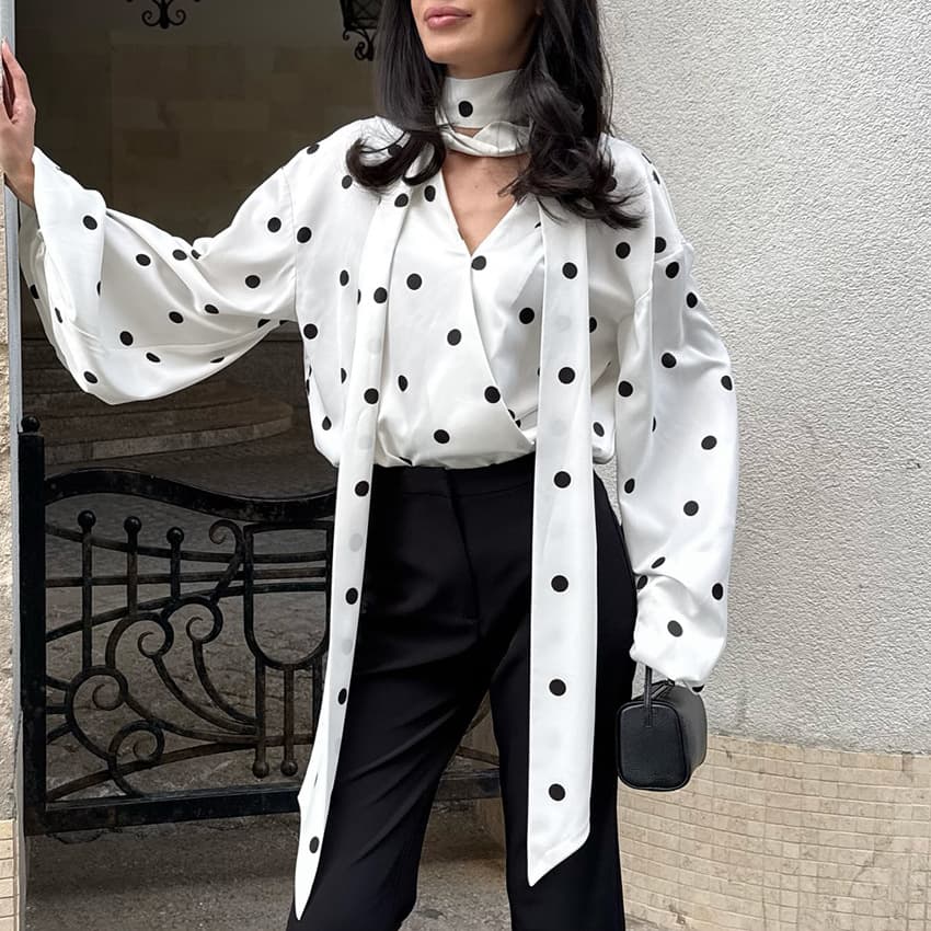 Loose Casual V-Neck Polka Dot Blouse French Vintage Satin Puff Sleeve Shirt Atmosphere Ribbon Flowing Top