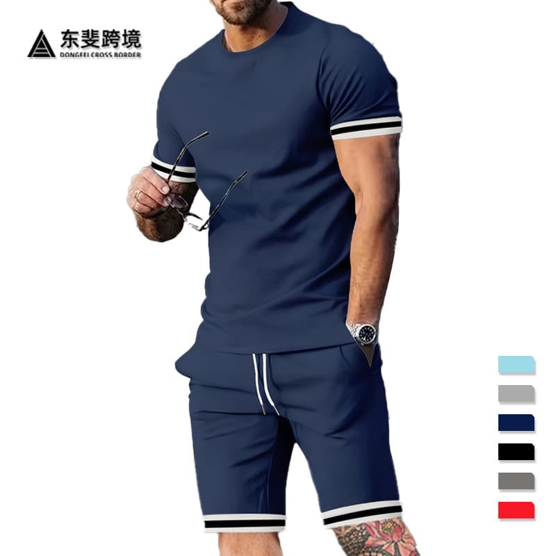 Men's Casual Sport Shorts 2-Piece Set Round Neck T-Shirt Summer 2024 Cross-Border European American Style