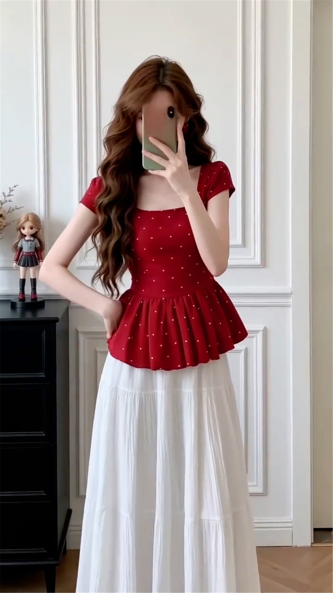 French Casual Set Red Polka Dot Slim Short Sleeve Top Women Summer New Half Skirt High Waist Two-Piece Set