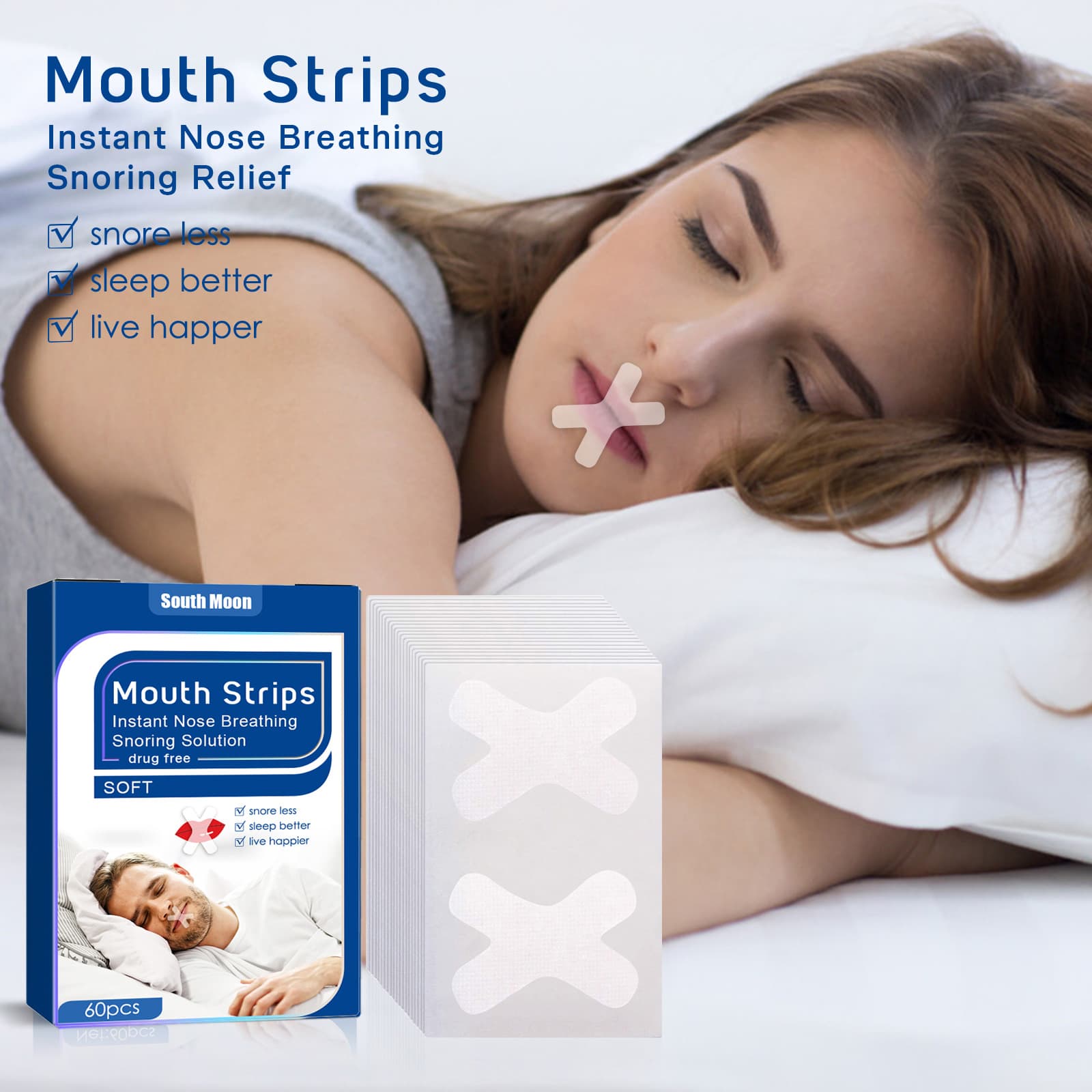 South Moon Anti-Snoring Strips Mouth Tape for Adults Nighttime Anti-Snoring Strips Prevent Mouth Breathing Snoring