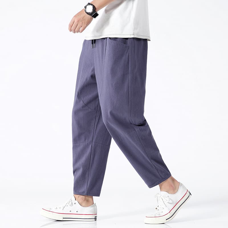 Cross-border wholesale men's cropped pants, Japanese casual loose fit, plus size cotton linen trousers for men, 9/10 length pants