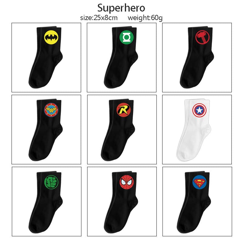 Superhero Socks Spider-Man Batman Anime Printed Mid-Calf Cotton Socks Student Sports Socks Casual Socks