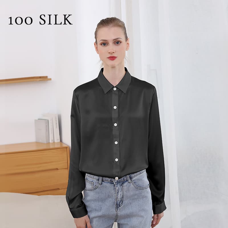 Cocoonie silk shirt women's autumn new solid color 100% mulberry silk lapel long-sleeved loose slim shirt