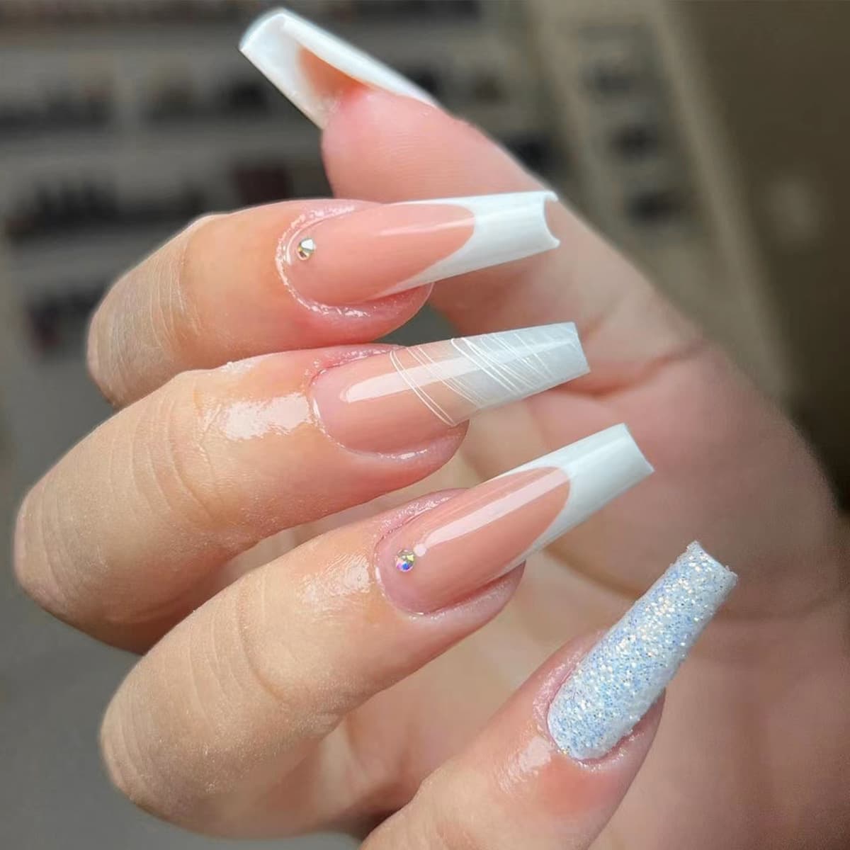 Classic French White Fake Nails with Rhinestone Curve Wearable Nails Silver Glitter Press on Nails