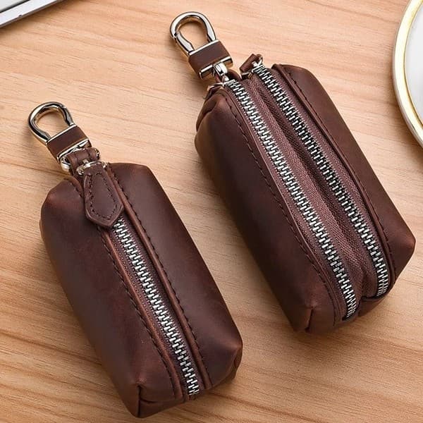 Practical hand-held two-in-one leather-textured double-layer zipper car key bag storage coin purse for men and women