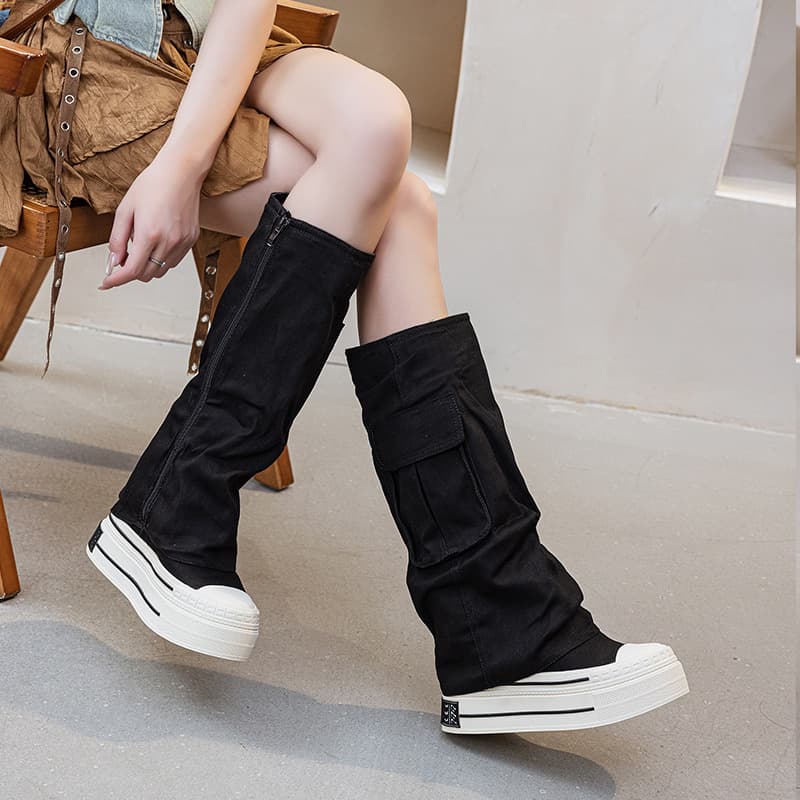 12cm Platform Work Boots for Women, Autumn Winter New High Boots with Irregular Pleated Double-Layer Design and Pant-Leg Boots