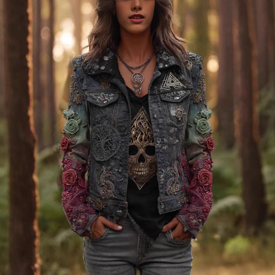 Cross-border autumn retro washed denim jacket for women, with a design-conscious patchwork print and rolled-up cuffs, new style top.